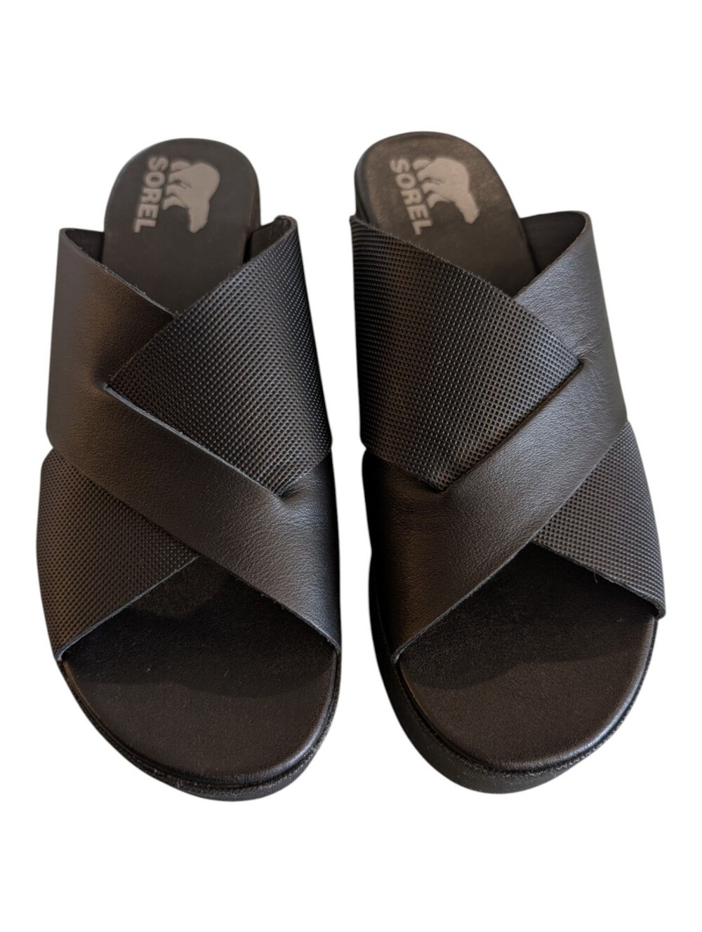 Platform Slide Sandals with Crisscross Straps - Black